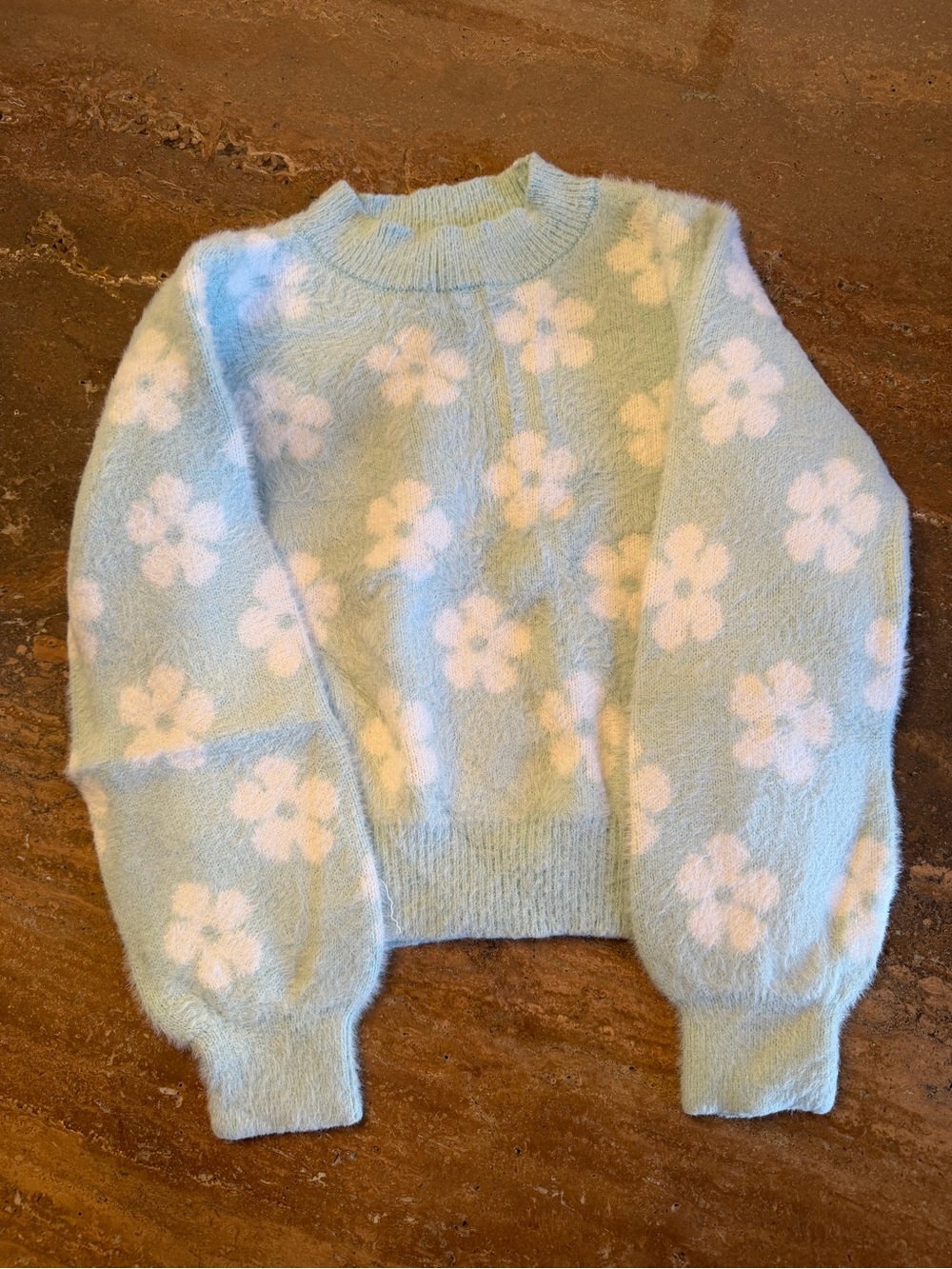 SO Pastel Blue Fuzzy Crewneck Sweater with White Floral Print